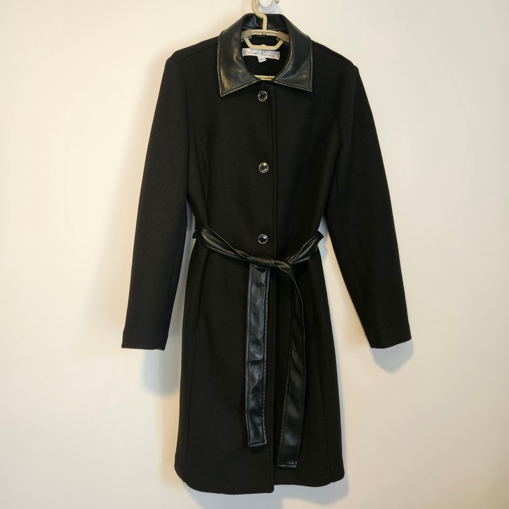 Kenneth Cole New York Dress Coat Small Trench Faux Leather Belted Minimalist